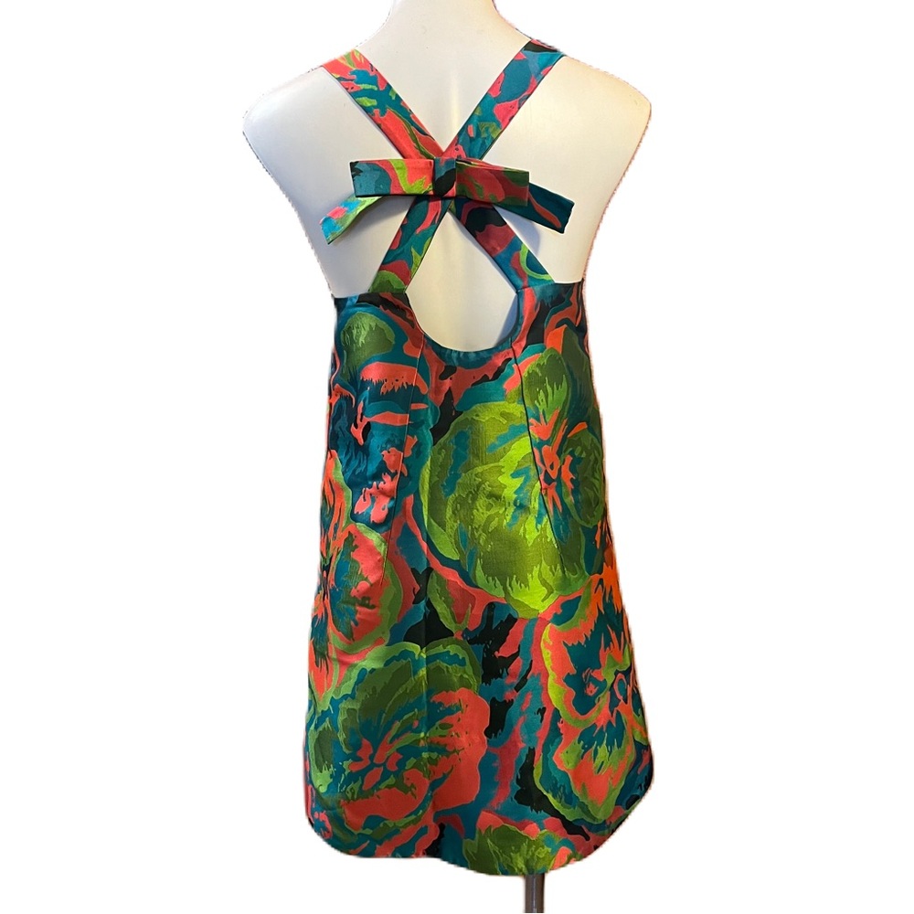 Cristiano Burani pink green teal shift dress Criss-cross bow back 4